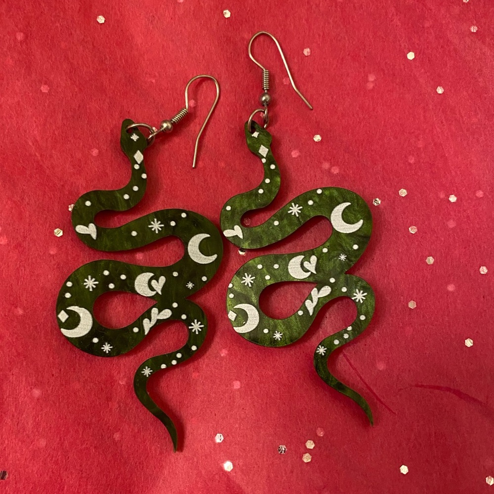 NWOT Green Snake with Moons Halloween Earrings